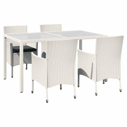 XHNIFBN 5-TLG. Garten-Essgruppe, Poly Rattan Sitzgruppe Weiß, Gartentisch 150x90cm mit 4 Stühlen und Polstern, Essgarnitur für Garten und Terrasse aus pulverbeschichtetem Stahl