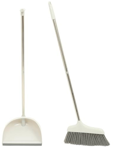 FELTECHELECTR Long Handle Broom and Dustpan Set, Beige Plastic Metal Blend, Anti-Hair-Stick Bristles, Suitable for Various Surfaces