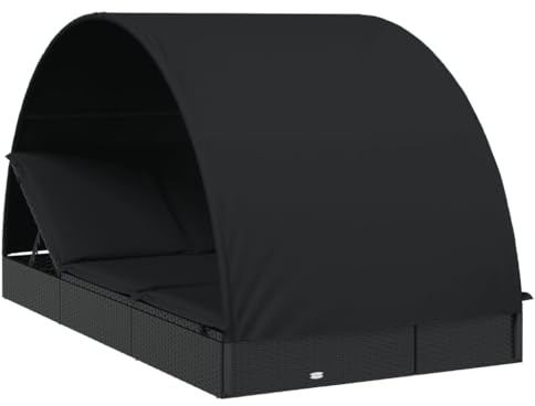 XHNIFBN Transat 2 Places avec Toit Rond Noir 211x112x140 cm, Lit de Jardin Double en Résine Tressée et Acier avec Coussins pour Extérieur, Piscine, Terrasse et Camping
