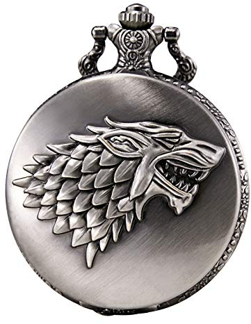 MORFONG Herren Damen Taschenuhr Analog Quarzwerk mit Kette Wolf Schwarz