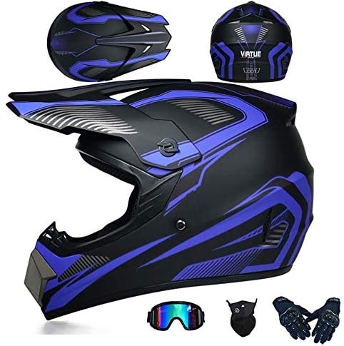 JCLDG Herren Offroad Motocross Helm Schwarz/Rockstar Motorradhelm + Handschuhe + Brille + Schutzbrillen Adult Off Road Fullface MTB Helm Mopedhelm für Kids Damen Sicherheit Schutz,Blau,M