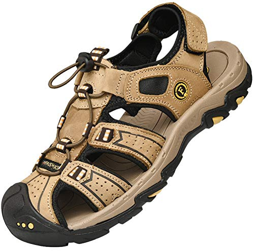 Lvptsh Men's Sports Outdoor Sandals Closed Toe Summer Beach Shoes Leather Casual Trekking Hiking Outdoor Sandals,Light brown,UK9