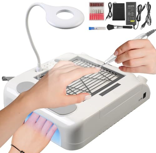 Nail Drill and Dust Collector, 6 in 1 Elektrische Nagelfräser Set mit Absaugung, 30000 U/min Nail Dust Collector, Gelnägel Nagelfeile Staubabsaugung für Nagelstudio Tisch mit Taschenlampe