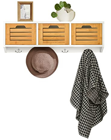 SoBuy FHK19-WN Wandgarderobe Flurgarderobe Kleiderhaken Hängeregal mit 3 Körben und 4 Haken Garderobe natur BHT ca.: 80x25x20cm