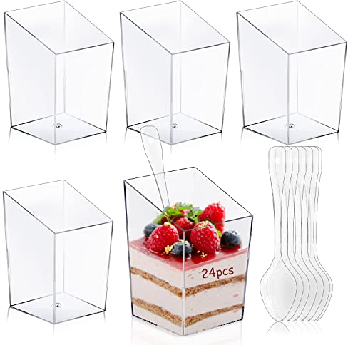 Xingsky 24 pièces Coupes à Dessert, 90ML Réutilisable Plastique Tasses à Dessert avec, Avec Cuillères Transparent, DIY Transparent Coupe à Dessert, Pour Mousse crème au Chocolat Pudding Dessert