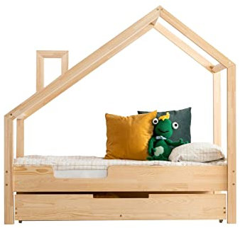 ahoj baby Hausbett mit Schublade für Kinder, Montessori-Hausbett, solides handgefertigtes Bett für Kleinkinder, Kinderbett, Bettrahmen, Cottage-Bett, Kleinkinderbett (90x160) (70x140)
