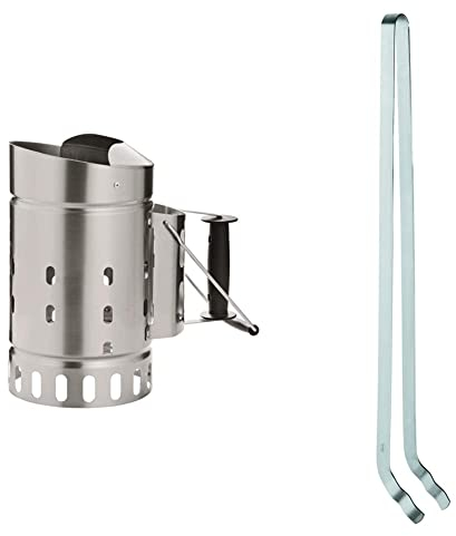 RÖSLE Anzündkamin, Hochwertiger Grillkohleanzünder aus Edelstahl, Funkenschutz & Kohlezange, Hochwertige Grillkohlezange zum Positionieren heißer Holzkohle
