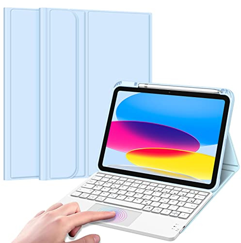 FINTIE Tastatur Hülle für iPad (A16) 11./10. Generation (11/10.9 Zoll) | Magnetisch abnehmbare deutsche Bluetooth-Tastatur mit Touchpad, weiche Schutzhülle mit Stifthalter, Himmelblau