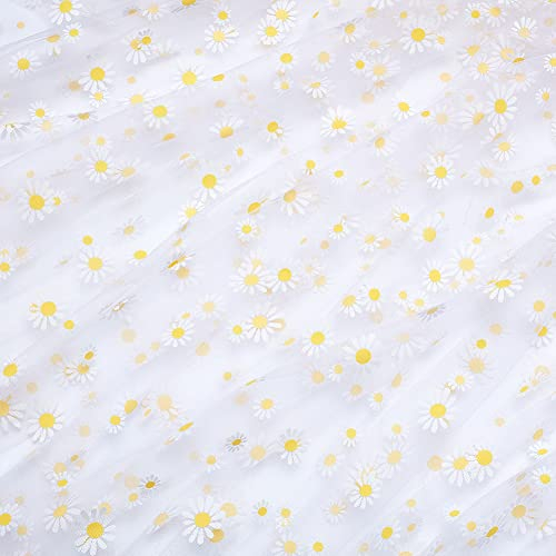 BENECREAT 4 Yard Gänseblümchen Blumen Print Stoff, 2 m Breit Weißes Tüll-Spitzenband Für Hochzeitskleid, Rock, DIY, Nähen, Dekorationen, Bastelbedarf