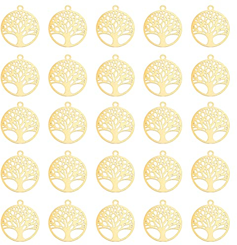 DICOSMETIC 60 Pcs Doré Arbre de Vie Charme Creux Plat Rond Filigrane Pendentif Gravé Métal Embellissement Laiton Dangle pour la Fabrication de Bijoux, Trou: 1.2mm