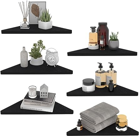 HORLIMER Schwebendes Eckregal 6er Set, Rustikale Holz Wandregale für Badezimmer Küche Schlafzimmer Wohnzimmer Büro Kinderzimmer (Schwarz)