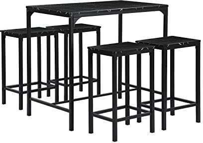 buybyroom Juego de 5 mesas de bar de mármol con 4 taburetes, 100 x 60 x 90 cm, mesa de bar con taburete, 30 x 40 x 65 cm, color negro