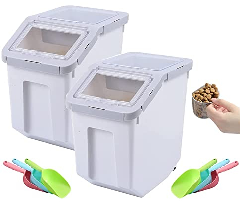 YXQ 2Pcs Dog Food Storage Container Airtight Box Grey,10kg Bulk Dry Food Grain Storage Barrels Sealed Bucket,Pets Food Bin with Seal Locking Lid, Wheels,Measuring Cup,1pcs Scoops(Random Color)