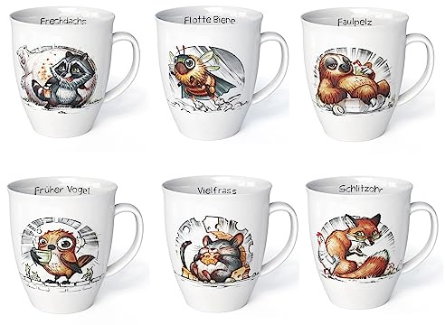 L.E.R.D.93 Tassen 6er Set mit Tiermotiven Fuchs Waschbär Faultier Biene Vogel Maus Made in Germany Porzellan Kaffeebecher 6-teilig