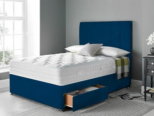 DBZ BEDS 4 FT Small Double Bed Set with 2000 Series Mattress - Blue Plush Suede Divan Bed Set with Versatile Storage Options – 6 Panel Headboard with Chrome Glider Feet (Small Double)