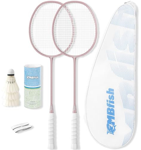 MBFISH Badmintonschläger-Set mit 2 Kohlefaser-Schlägern, 3 Federbällen, 2 Ersatz-Griffbändern und 1 Badminton-Tasche, perfekt für Anfänger und Outdoor-Spiele, 4U, Roségold, 2P