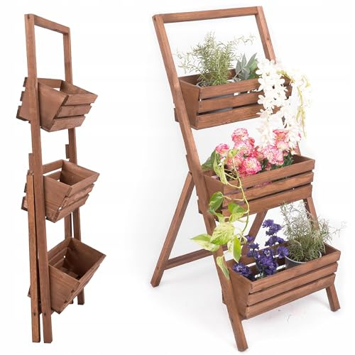 ECODECO Hochbeete für Garten Pflanzenregal aus Holz | Kaskadierendes Blumentreppe für Outdoor Indoor Balkon Terrasse | Vertikales Hochbeet mit 3 Etagen | Braun