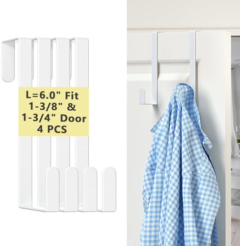 Updated 6 Over The Door Hooks(4 PCS) Fit Almost All Doors up to 1-3/4, Widen Metal Door Hanger for Hanging Towels, Clothes, Bags on Interior Door of Bathroom/Closet/Bedroom/Pantry and Front Door