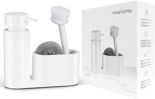nova home Organizador Fregadero Cocina | Dosificador Jabón Cocina Moderno | Soporte Estropajo Fregadero | Incluye Estropajo Antiarañazos y Cepillo de Acero Inoxidable | Diseño Minimalista Blanco