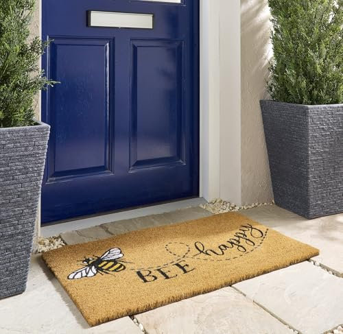 Lord of Rugs Printed Coir Door Mat for Home Entrance Indoor and Outdoor, Patio, Balcony Non-Slip Durable Natural Coconut Fiber Doormat in 45x75 cm Bee Happy