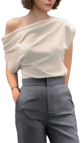 Auriselle Donna Sexy Top Asimmetrico Maglietta Increspata a Maniche Corte Top Slim Fit Shirt Estivo Elegante per Club Party, Bianco, S