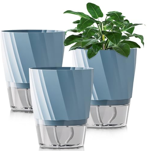 ACAREY 3 Stück Blumentopf Selbstbewässernd, Selbstbewässerungstopf mit Wasserspeicher, 17 cm Kräutertopf Selbstbewässernd, Blumentopf Mit Bewässerungssystem für Innen Balkon Schlafzimmer (blau)