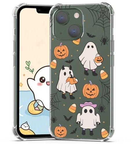 XIMIZU Halloween Case for iPhone 13 Mini Pumpkin, Ghost Cat Designed Soft Slim Fit TPU Anti-Scratch Shockproof Protective Mobile Cover Clear Phone Case for iPhone 13 Mini