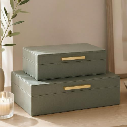 ZICOTO Decorative Storage Boxes with Lids – Set of 2 Beautiful PU Leather Organizer Bins for Your Bookshelf Home Decor - Safely Store Photos, Documents and Memory Box Keepsakes in Style