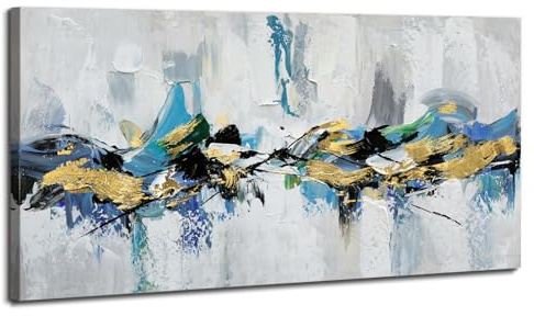 WENGTIAO Große Abstrakt Gemälde auf Leinwand Handgemalt, Blau Schwarz Gold Weiß Grau Gerahmte Wandbilder, Abstrakte Kunstbilder Acrylgemälde für Wohnzimmer Schlafzimmer Modern Wohndekor 120x60 cm