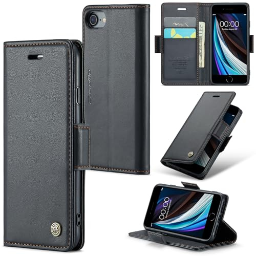 Idhiem Leder Handyhülle Klappbar für iPhone SE (2016)/iPhone 5/5S, Schwarz | Premium PU Leder, Klappbar Hülle, RFID Blockierung, Magnetverschluss, Kartenfach Standfunktion, Klapphülle Schutzhülle