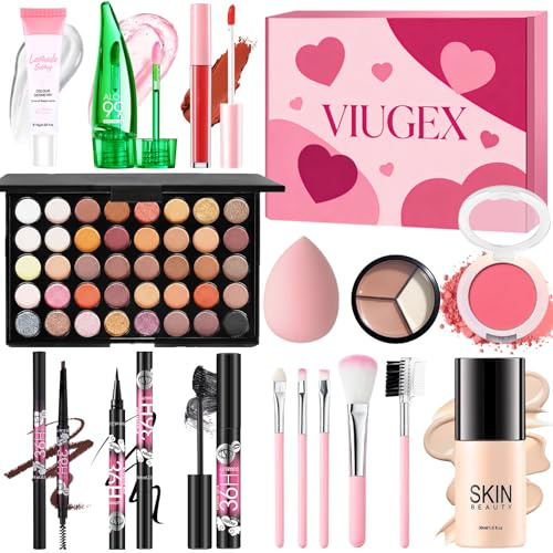 Viugex Make Up Set, All in One Makeup Kit, Schminkset für Teenager Mädchen und Frauen, Schminke Geschenk Set mit Primer, Foundation, Lidschatten, Concealer, Rouge, Lipgloss, Mascara, Eyeliner, Pinsel