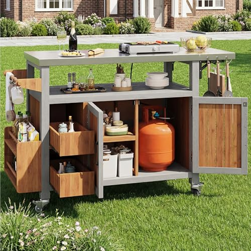 NNJN BBQ Beistelltisch, Beweglicher Gartenschrank, wetterfest, Arbeitsplatte aus Edelstahl, Grillwagen, Servierwagen mit ausziehbarer Seitenablage, 3 Haken, Regal für Snacks und Gewürze, Massivholz