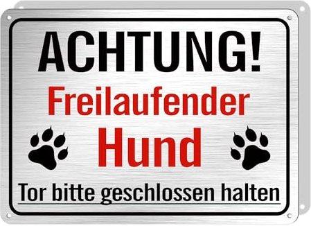 Hivia Achtung Freilaufender Hund Schild Alu 25x18cm– Tor Bitte Geschlossen | Aluminium gebürstet, wetterfest. Ideal für Grundstück, Zaun & Garten. Warnt vor freilaufendem Hund – für mehr Sicherheit