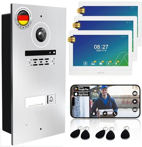 MATHFEL 1 Familienhaus 2 Draht Bus WLAN Video-Türsprechanlage, 3x10 Zoll Monitor mit Full HD 2 Megapixel 170 Grad Weitwinkelkamera -Außenstation in Silber mit RFID