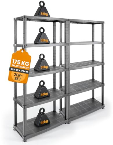 Kreher® Kunststoffregal „Evo“ mit 5 Böden - Steckregal für Haushalt, Keller & Garage - Standregal, Lagerregal & Aufbewahrungsregal - Schwarz oder Grau - Set auswählbar (Grau, 2)