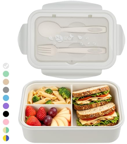 BIBURY Lunch Box for Kids Adults, 3 Compartments, Bento, Leakproof, Greige | BPA Free, Microwave & Dishwasher Safe, Includes Cutlery, Removable Tray, For School, Work, Meal Pre, 1.4L