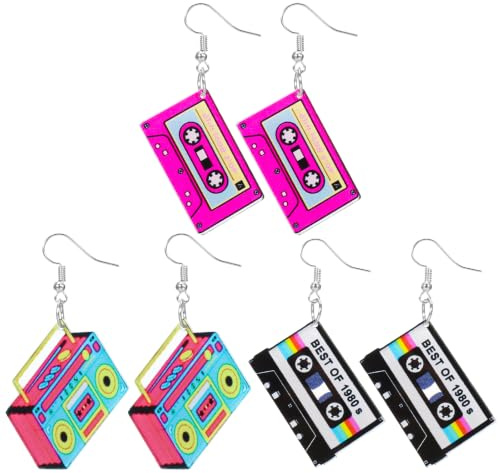 SULIKJHUI 3 Paar Retro Kassettenband Ohrringe, Neon-Ohrringe, 80er 90er | aus Acryl & Edelstahl, für 80er Jahre, Outfit Mottoparty Kostüm Zubehör, Buntes Design