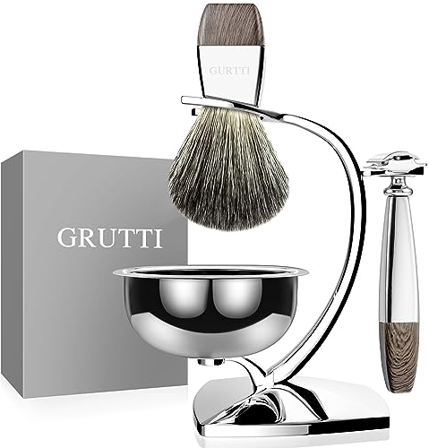 GRUTTI Rasierset,Deluxe Chrome Rasierer und Bürstenständer,Rasierhobel Ständer mit Rasierschale und Dachshaar-Rasierpinsel und Rasierergriff (Klinge Nicht enthalten)-kompatibler Double Edge Klinge