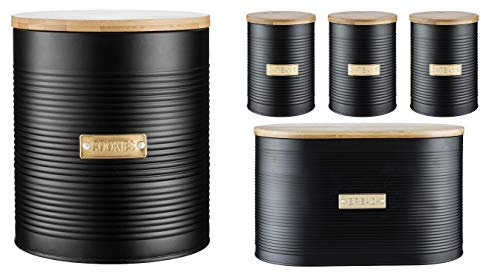 Typhoon Retro Sleek Design Embossed Stripe Stainless Steel Tea Coffee Sugar Cookie Bread Bin Storage Jar Canister Wooden Bamboo Lid Otto Black (Tea, Coffee, Sugar, Bread Bin, Cookie Set)