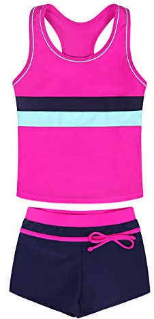 Girls Swimming Costume Kids Two Piece Swimsuit Childs Tankini Sets 2-14Y | Racer Back Tops Swim Shorts Swimwear Summer Holiday Beach Wear Pool Party Bathing Suit