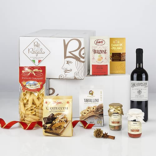 RE REGALO KIT DEGUSTAZIONE PICCOLA ITALIA Cesto 7pezzi Cioccolato, Gelatine di frutta,Cantucci, Sugo Pomodoro e Funghi Porcini, Verdure grigliate, Taralli di Puglia, Pasta di semola, Alta qualità (l'imballaggio può variare)
