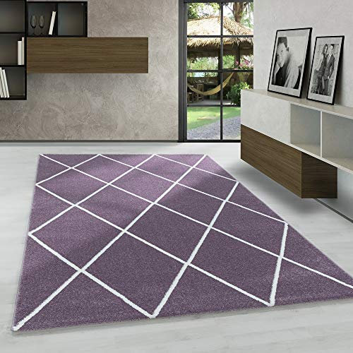 Carpetsale24 Designer Teppich Modern, Kurzflor Rauten Teppich, Rechteckig, Lila und Weiß, Pflegeleicht, Wohnzimmer Teppich, Größe:80 x 150 cm