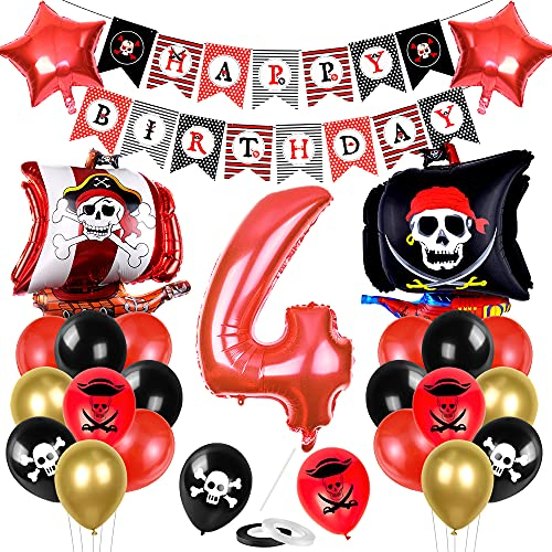 Bluelves Piraten Kindergeburtstag Luftballons Set, Piratenschiff Geburtstag Deko, Geburtstagsdeko 4 Jahr Jungen, 4 Jahr Geburtstag Deko, für Kindergeburtstag Geburtstagsfeier