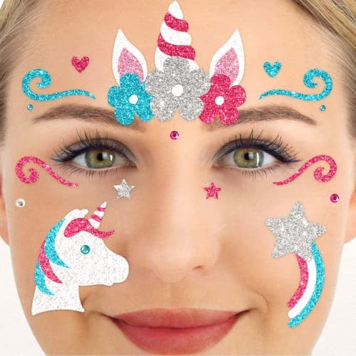 Party Factory Face Tattoo Einhorn, temporäres Glitter Gesichtstattoo für Motto Party, Halloween & Karneval, Kinder & Erwachsene