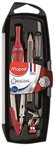 Maped - Coffret Compas Origin 5 Pièces-Fabrication Française-Compas Scolaire Mine + Bague Universelle + Étui-Mines + Porte-Mine + Taille-Mines -Avec Mine + Branches en Acier - Multicolor
