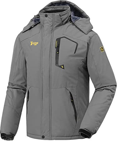 donhobo Herren Skijacke Atmungsaktiv Warm Gefüttert Winterjacke mit Abnehmbarer Kapuze Snowboardjacke Wasserdicht Wanderjacke Outdoorjacke Grau M