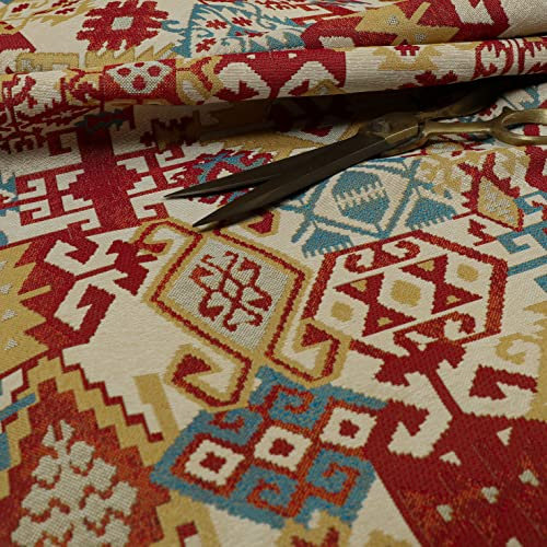 Redbrick Mill Fabrics Kelim-Patchworkmuster, Gelb, Blau, Rot, Mehrfarbig, Möbelstoff, Meterware, Rot (Muster 10 cm x 8 cm)