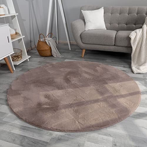 TT Home Wohnzimmer Teppich Hochflor Langflor Kunstfell Weich Modern Unifarben Flauschig, Farbe:Beige Taupe, Größe:160 cm Rund