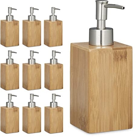 Relaxdays 10 x Seifenspender Bambus, eckig, manueller Pumpspender, HBT: 18 x 6,5 x 8 cm, nachfüllbar, Lotionspender, Natur
