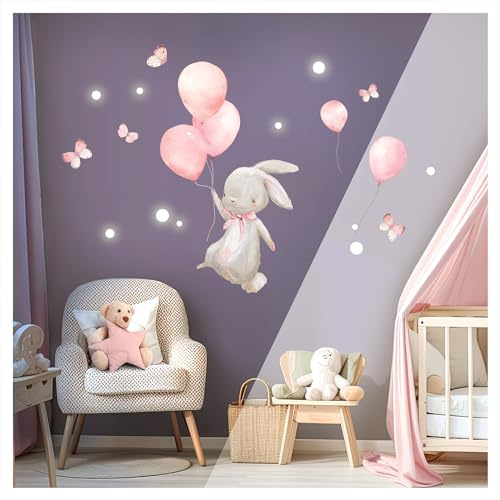 DEKO KINDERZIMMER Wandsticker Hase mit Ballons für Kinderzimmer Wandtattoo Sterne nachtleuchtend Wandaufkleber Schmetterlinge Babyzimmer Wanddeko DK1058-2